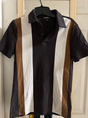Express Men’s Black, White & Brown Vertical Stripe Polo
